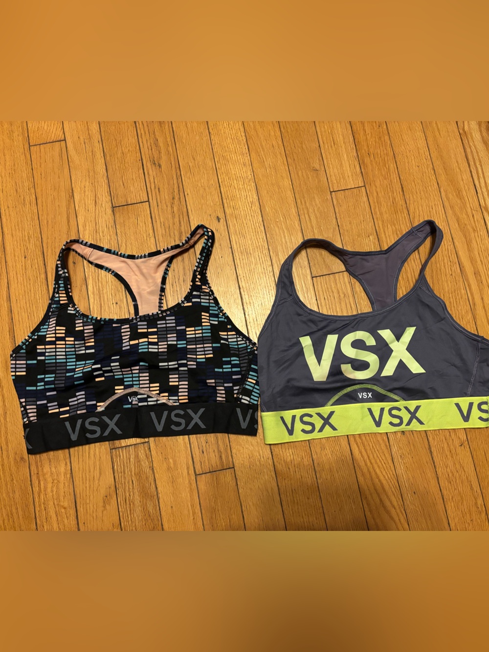 VSX Women’s Sports Bras — Patterned Black & Charcoal with Lime Accents